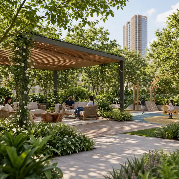Modern Spaaces Sarjapur Breakout Spaaces amenity pocket with a pergola lounge and play corner, artist's impression