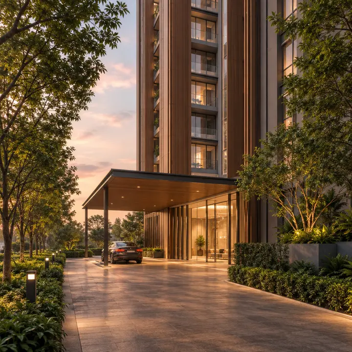 Modern Spaaces Sarjapur arrival approach and lobby entrance of the tower, artist's impression
