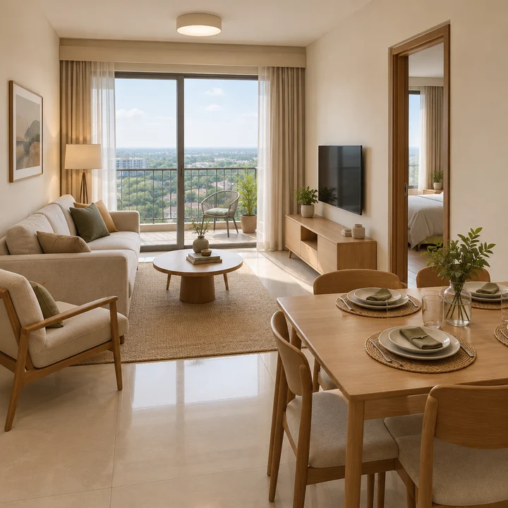 Modern Spaaces Sarjapur indicative 2 BHK living and dining room, artist's impression