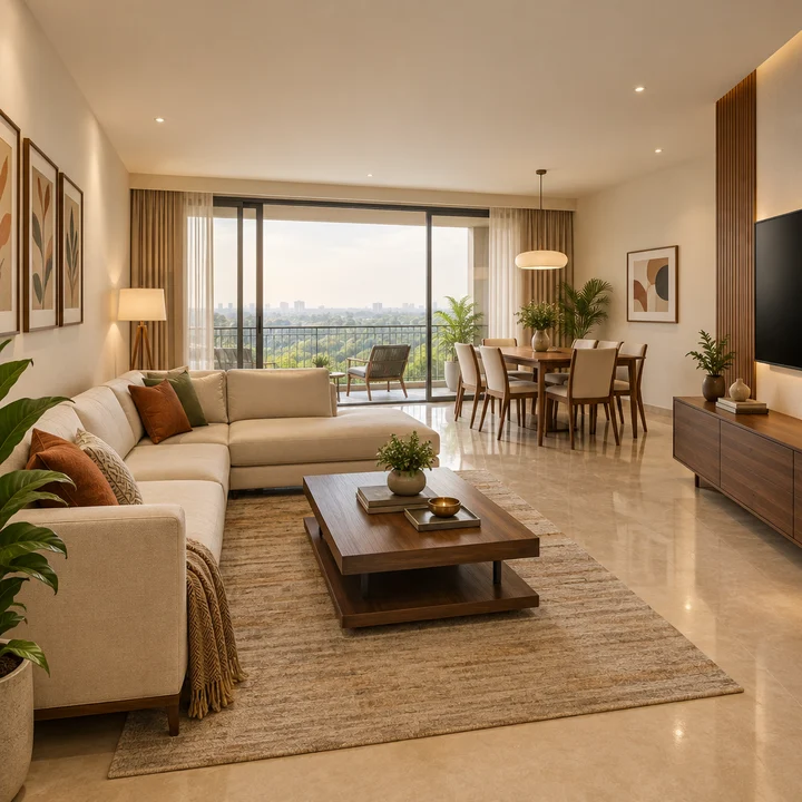 Modern Spaaces Sarjapur indicative 3 BHK living and dining room, artist's impression