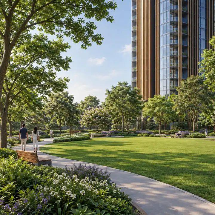 Modern Spaaces Sarjapur open landscaped grounds at the base of the tower, artist's impression